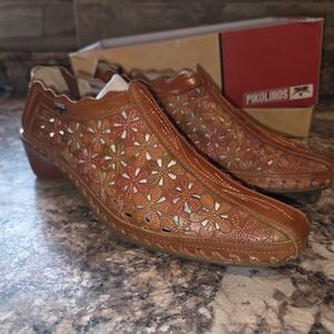Pikolinos Romana Leather Floral Caramel Slingback Heel Shoes  Size EU 39/US 8.5